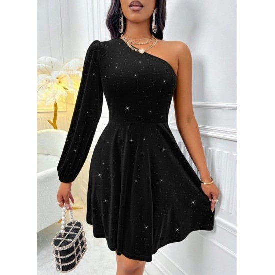 Kadın Tek Omuzdan Açık Uzun Kollu Taşlı Mini Elbise , 30111