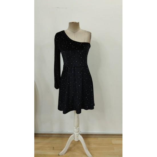 Kadın Tek Omuzdan Açık Uzun Kollu Taşlı Mini Elbise , 30111