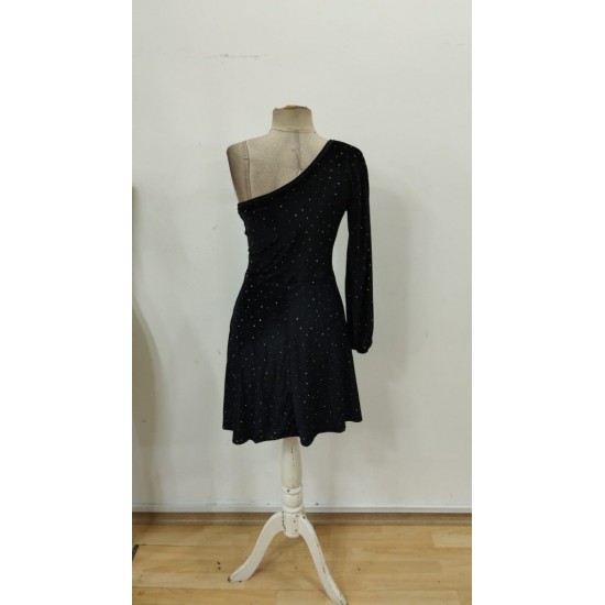 Kadın Tek Omuzdan Açık Uzun Kollu Taşlı Mini Elbise , 30111