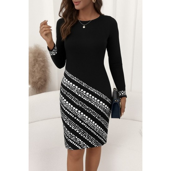 Kadın Uzun Kollu Bisiklet Yaka Desenli Dalgıç Elbise , 30110