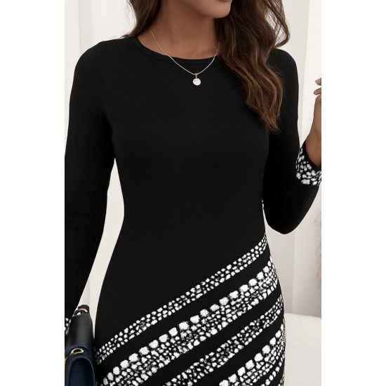 Kadın Uzun Kollu Bisiklet Yaka Desenli Dalgıç Elbise , 30110