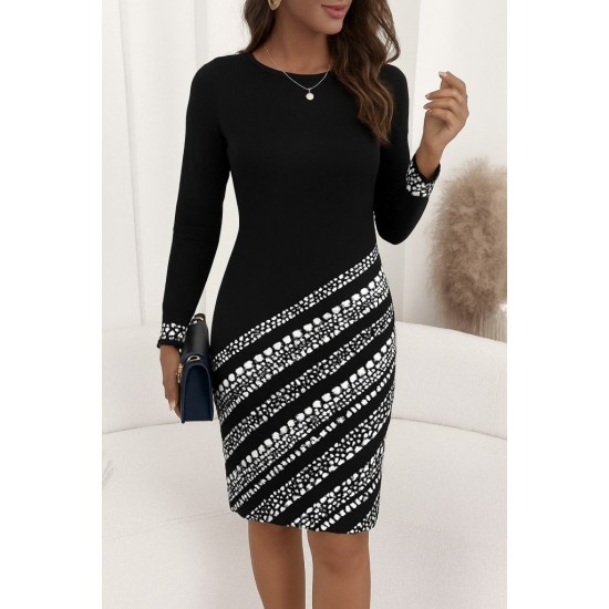 Kadın Uzun Kollu Bisiklet Yaka Desenli Dalgıç Elbise , 30110