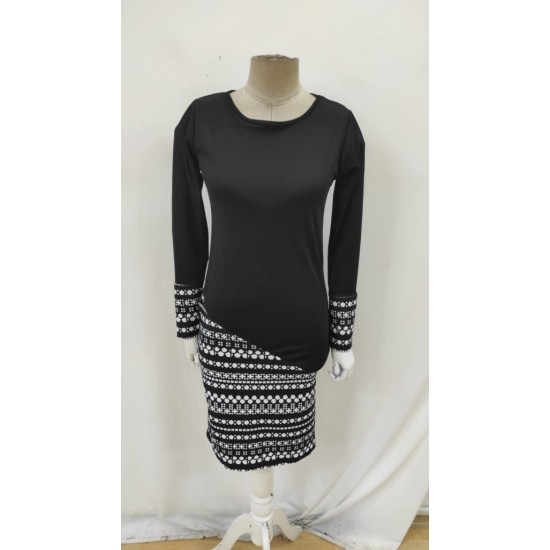 Kadın Uzun Kollu Bisiklet Yaka Desenli Dalgıç Elbise , 30110