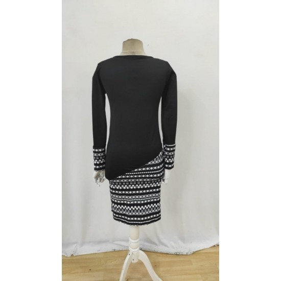 Kadın Uzun Kollu Bisiklet Yaka Desenli Dalgıç Elbise , 30110