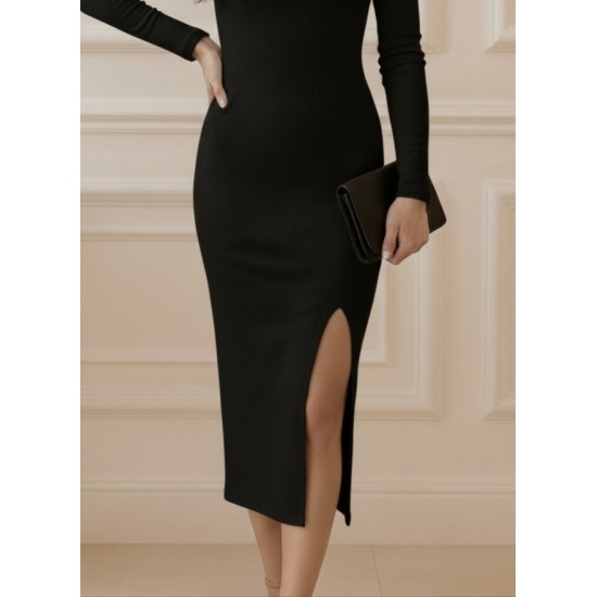 Kadın Uzun Kollu Balıkçı Yakalı Yanlardan Yırtmaçlı Kaşkorse Maxi Elbise , 30109 Kadın Uzun Kollu Balıkçı Yakalı Yanlardan Yırtmaçlı Kaşkorse Maxi Elbise , 30109