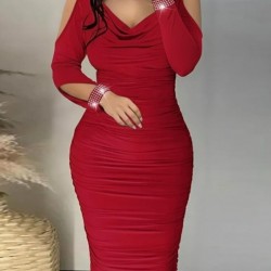 Kadın Omuzlardan Açık Uzun Kollu Taşlı Degaje Yakalı Sandy Midi Elbise, 30119