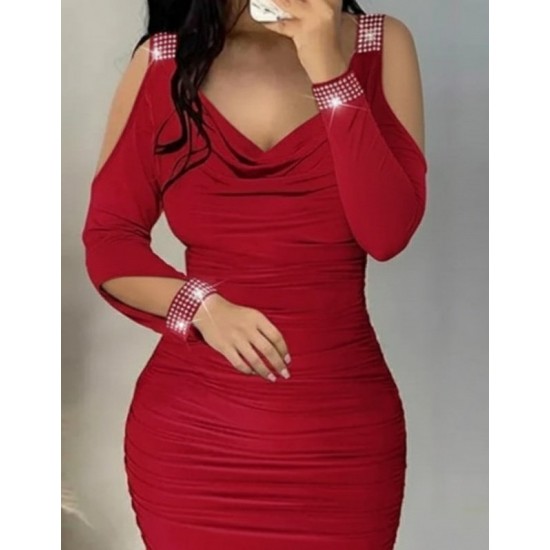 Kadın Omuzlardan Açık Uzun Kollu Taşlı Degaje Yakalı Sandy Midi Elbise, 30119 Kadın Omuzlardan Açık Uzun Kollu Taşlı Degaje Yakalı Sandy Midi Elbise, 30119