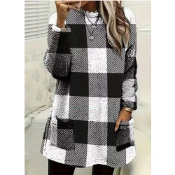 Kadın Uzun Kollu Yarı Balıkçı Yakalı Cep Detaylı Ekoseli Dokuma Tunik , 30117