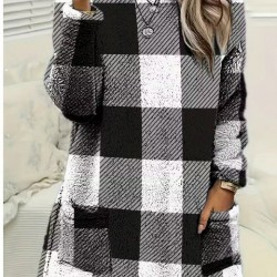 Kadın Uzun Kollu Yarı Balıkçı Yakalı Cep Detaylı Ekoseli Dokuma Tunik , 30117