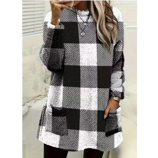 Kadın Uzun Kollu Yarı Balıkçı Yakalı Cep Detaylı Ekoseli Dokuma Tunik , 30117 Kadın Uzun Kollu Yarı Balıkçı Yakalı Cep Detaylı Ekoseli Dokuma Tunik , 30117