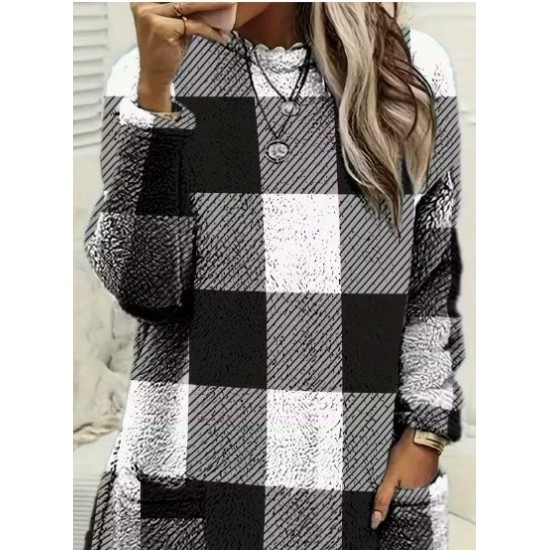 Kadın Uzun Kollu Yarı Balıkçı Yakalı Cep Detaylı Ekoseli Dokuma Tunik , 30117 Kadın Uzun Kollu Yarı Balıkçı Yakalı Cep Detaylı Ekoseli Dokuma Tunik , 30117