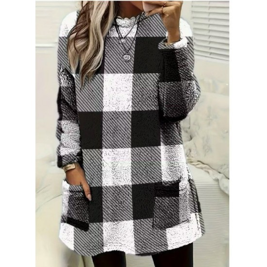 Kadın Uzun Kollu Yarı Balıkçı Yakalı Cep Detaylı Ekoseli Dokuma Tunik , 30117 Kadın Uzun Kollu Yarı Balıkçı Yakalı Cep Detaylı Ekoseli Dokuma Tunik , 30117