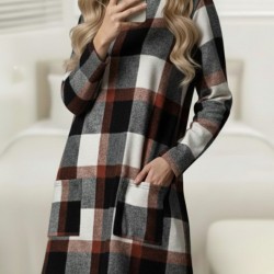 Kadın Uzun Kollu Yarı Balıkçı Yakalı Cep Detaylı Ekoseli Dokuma Tunik , 30116