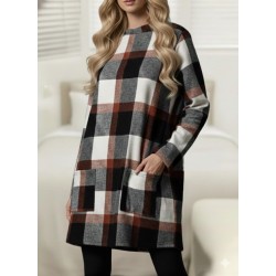 Kadın Uzun Kollu Yarı Balıkçı Yakalı Cep Detaylı Ekoseli Dokuma Tunik , 30116 Kadın Uzun Kollu Yarı Balıkçı Yakalı Cep Detaylı Ekoseli Dokuma Tunik , 30116