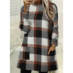 Kadın Uzun Kollu Yarı Balıkçı Yakalı Cep Detaylı Ekoseli Dokuma Tunik , 30116