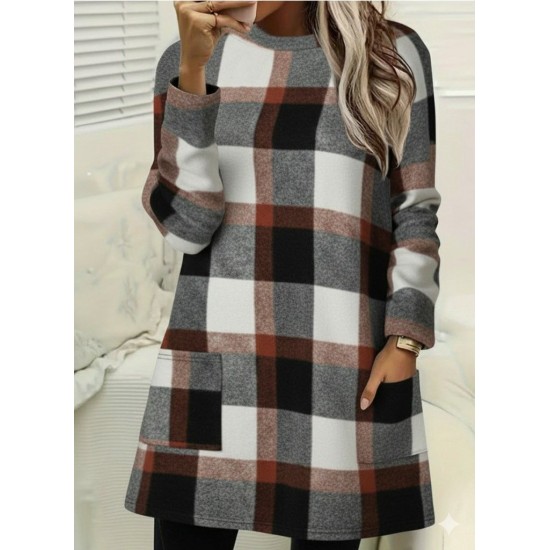 Kadın Uzun Kollu Yarı Balıkçı Yakalı Cep Detaylı Ekoseli Dokuma Tunik , 30116 Kadın Uzun Kollu Yarı Balıkçı Yakalı Cep Detaylı Ekoseli Dokuma Tunik , 30116