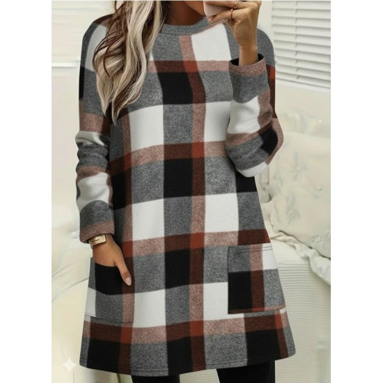 Kadın Uzun Kollu Yarı Balıkçı Yakalı Cep Detaylı Ekoseli Dokuma Tunik , 30116 Kadın Uzun Kollu Yarı Balıkçı Yakalı Cep Detaylı Ekoseli Dokuma Tunik , 30116