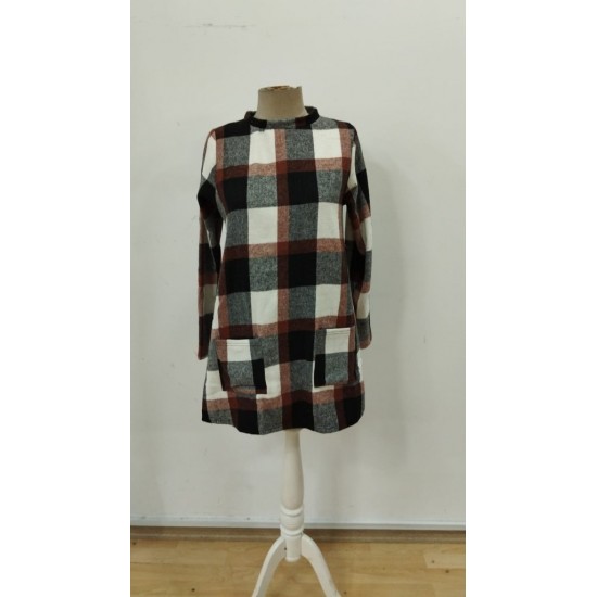 Kadın Uzun Kollu Yarı Balıkçı Yakalı Cep Detaylı Ekoseli Dokuma Tunik , 30116 Kadın Uzun Kollu Yarı Balıkçı Yakalı Cep Detaylı Ekoseli Dokuma Tunik , 30116