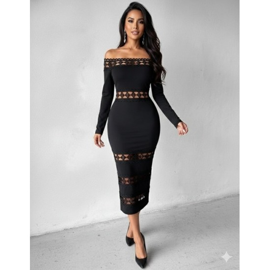 Kadın Uzun Kollu Madonna Dantel Yaka Yırtmaçlı Midi Dalgıç Elbise, 30121