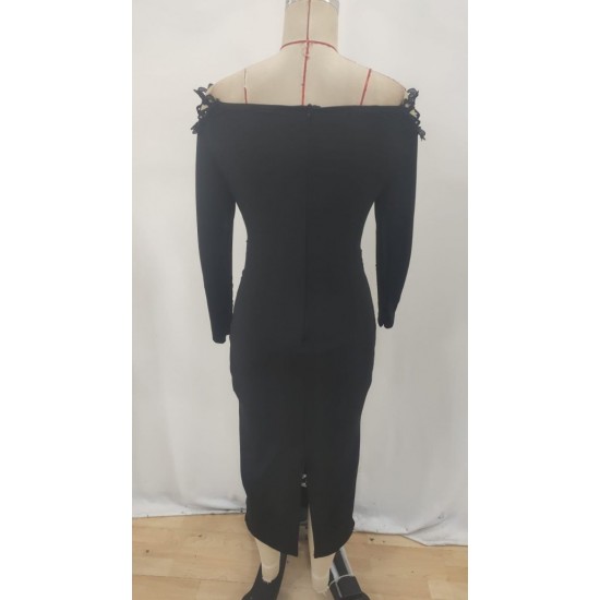 Kadın Uzun Kollu Madonna Dantel Yaka Yırtmaçlı Midi Dalgıç Elbise, 30121