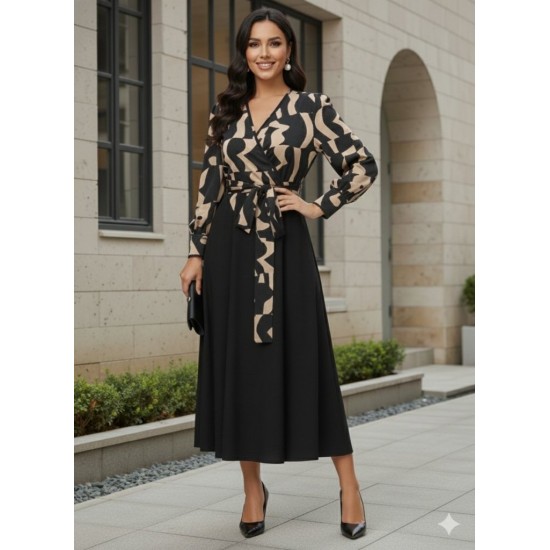 Kadın Uzun Kollu Kruvaze Yaka Dalgıç Krep Midi Boy Elbise, 30130