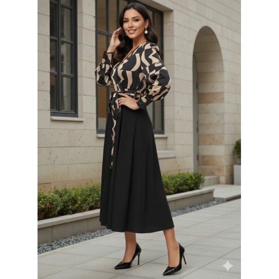 Kadın Uzun Kollu Kruvaze Yaka Dalgıç Krep Midi Boy Elbise, 30130