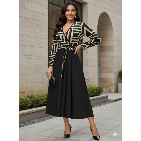 Kadın Uzun Kollu Kruvaze Yaka Dalgıç Krep Midi Boy Elbise, 30129