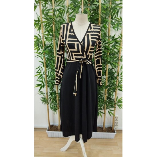 Kadın Uzun Kollu Kruvaze Yaka Dalgıç Krep Midi Boy Elbise, 30129