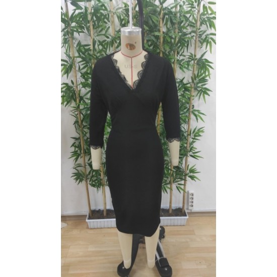 Kadın Fakir Kollu V Yakalı Dantel Detaylı Midi Janjan Krep Elbise , 30128