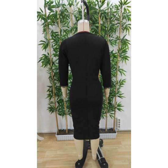 Kadın Fakir Kollu V Yakalı Dantel Detaylı Midi Janjan Krep Elbise , 30128