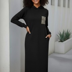 Kadın Uzun Kollu Kapşonlu Cep Detaylı Viskon Iki Iplik Maxi Elbise , 30126