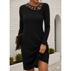 Kadın Uzun Kollu Dantel Yaka Ithal Krep Mini Elbise , 30137