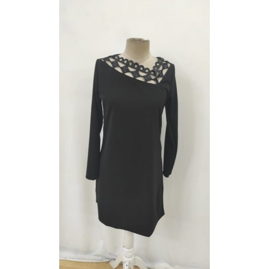 Kadın Uzun Kollu Dantel Yaka Ithal Krep Mini Elbise , 30137