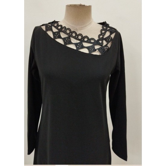 Kadın Uzun Kollu Dantel Yaka Ithal Krep Mini Elbise , 30137