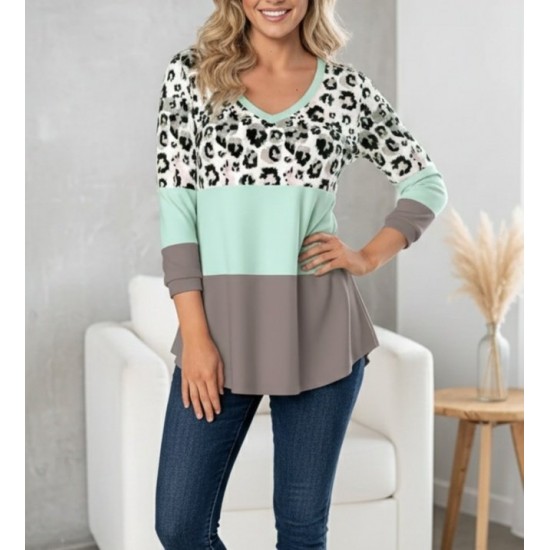 Kadın Uzun Kollu V Yakalı Leopar Baskılı şardonlu Dalgıç Bluz , 30135