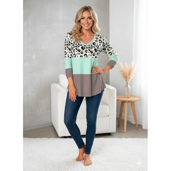 Kadın Uzun Kollu V Yakalı Leopar Baskılı şardonlu Dalgıç Bluz , 30135