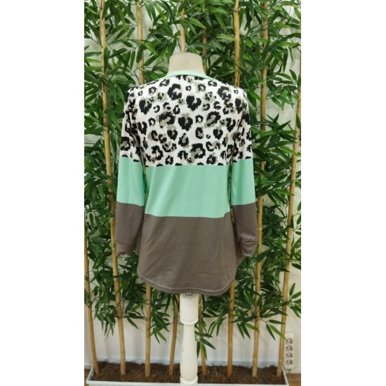 Kadın Uzun Kollu V Yakalı Leopar Baskılı şardonlu Dalgıç Bluz , 30135