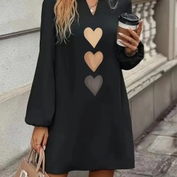 Kadın Uzun Kollu V Yakalı Kalp Desenli Mini Ithal Krep Elbise , 30153