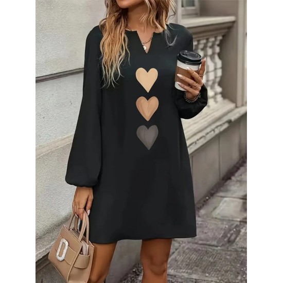 Kadın Uzun Kollu V Yakalı Kalp Desenli Mini Ithal Krep Elbise , 30153