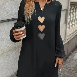 Kadın Uzun Kollu V Yakalı Kalp Desenli Mini Ithal Krep Elbise , 30153