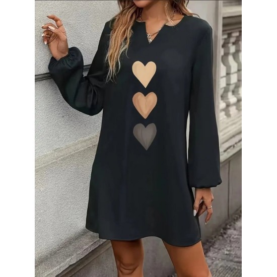 Kadın Uzun Kollu V Yakalı Kalp Desenli Mini Ithal Krep Elbise , 30153