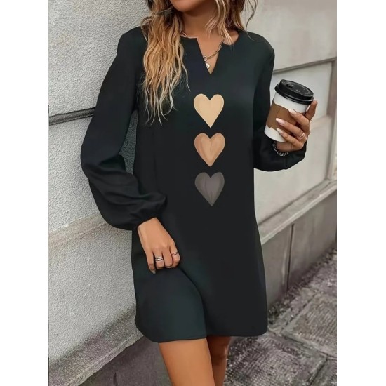 Kadın Uzun Kollu V Yakalı Kalp Desenli Mini Ithal Krep Elbise , 30153