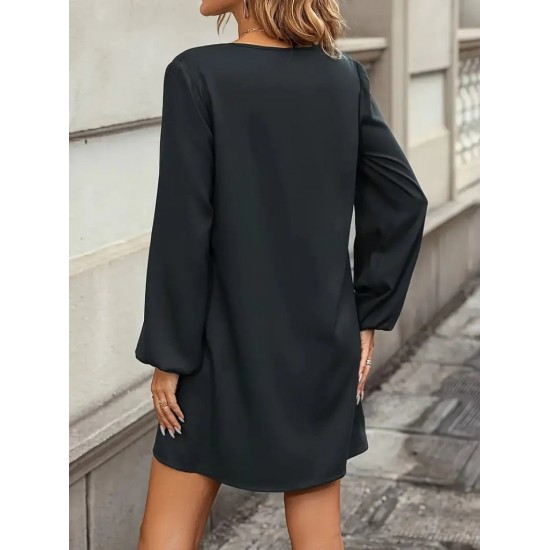 Kadın Uzun Kollu V Yakalı Kalp Desenli Mini Ithal Krep Elbise , 30153