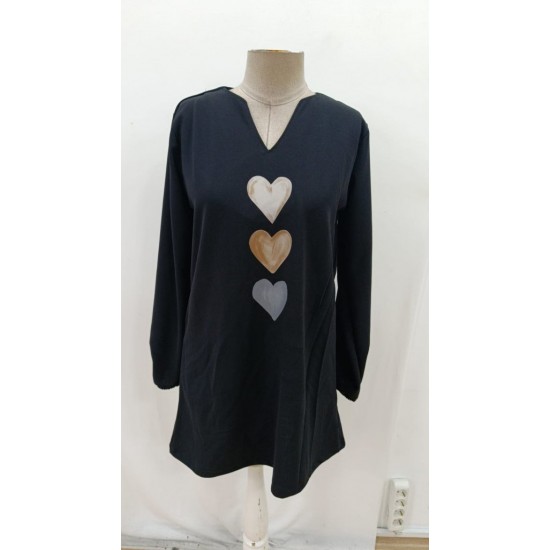 Kadın Uzun Kollu V Yakalı Kalp Desenli Mini Ithal Krep Elbise , 30153