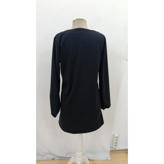 Kadın Uzun Kollu V Yakalı Kalp Desenli Mini Ithal Krep Elbise , 30153