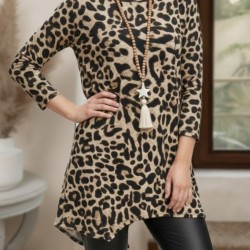 Kadın Uzun Kollu Bisiklet Yaka Leopar Desenli Süprem Bluz, 30152