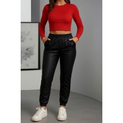 Kadın Paçası Lastikli Cep Detaylı Deri Tayt, 30151