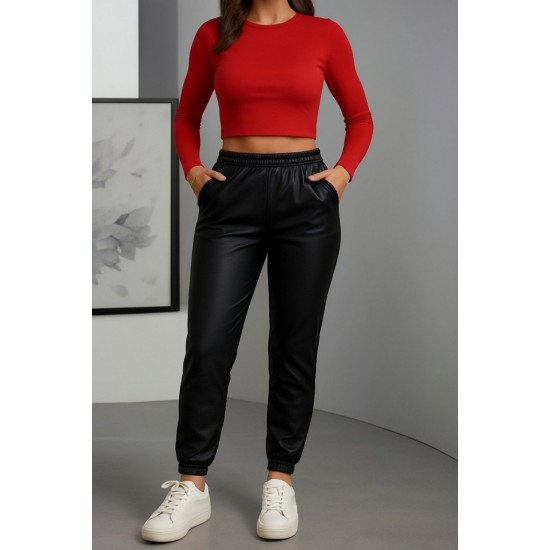 Kadın Paçası Lastikli Cep Detaylı Deri Tayt, 30151 Kadın Paçası Lastikli Cep Detaylı Deri Tayt, 30151