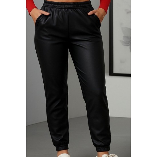 Kadın Paçası Lastikli Cep Detaylı Deri Tayt, 30151 Kadın Paçası Lastikli Cep Detaylı Deri Tayt, 30151