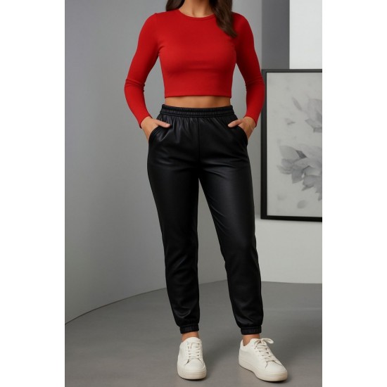 Kadın Paçası Lastikli Cep Detaylı Deri Tayt, 30151 Kadın Paçası Lastikli Cep Detaylı Deri Tayt, 30151